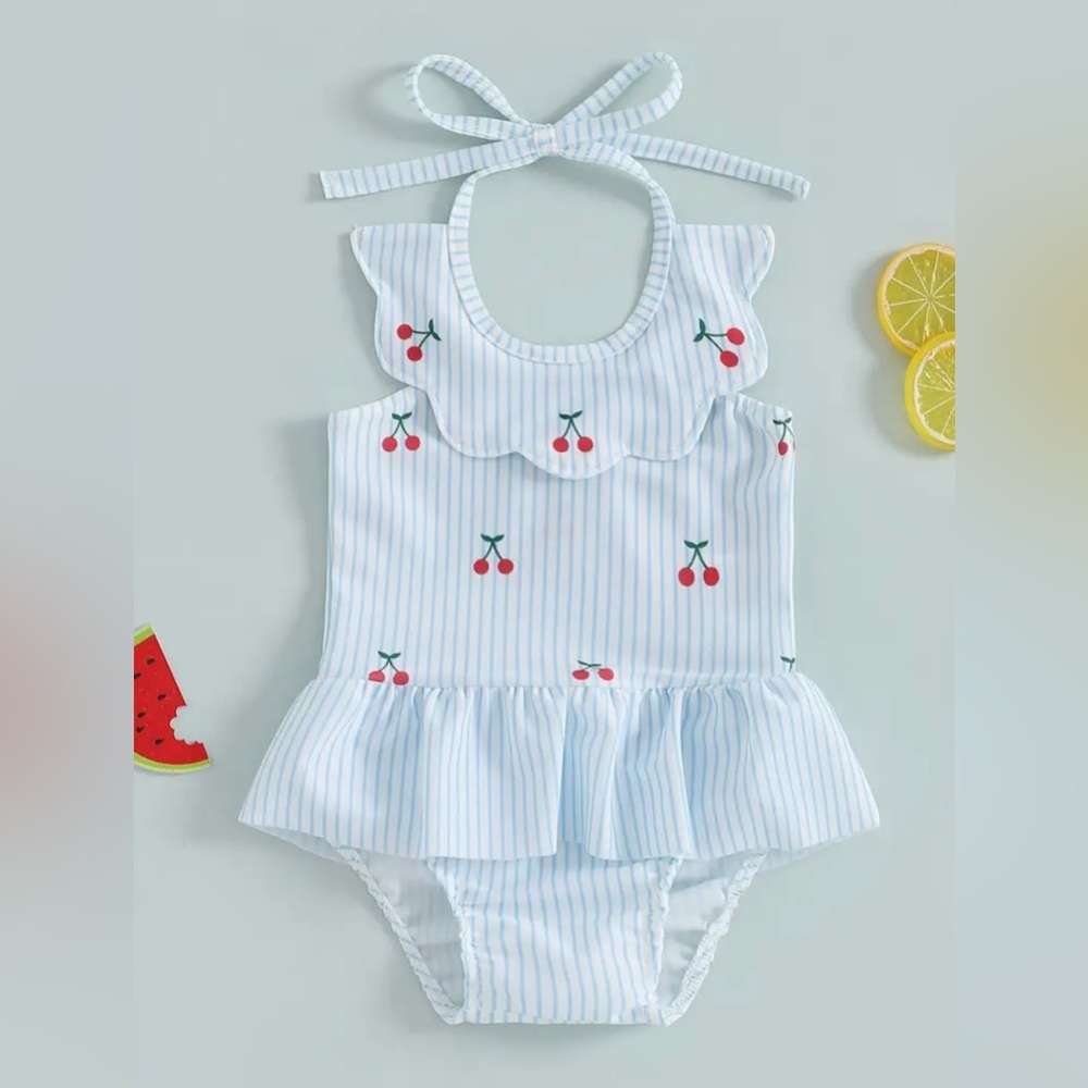 Striped Baby Swimsuit Ruffle Bathing Suit 
Cherry 3-6, 12-18, 18-24 mo 2T - 3T
